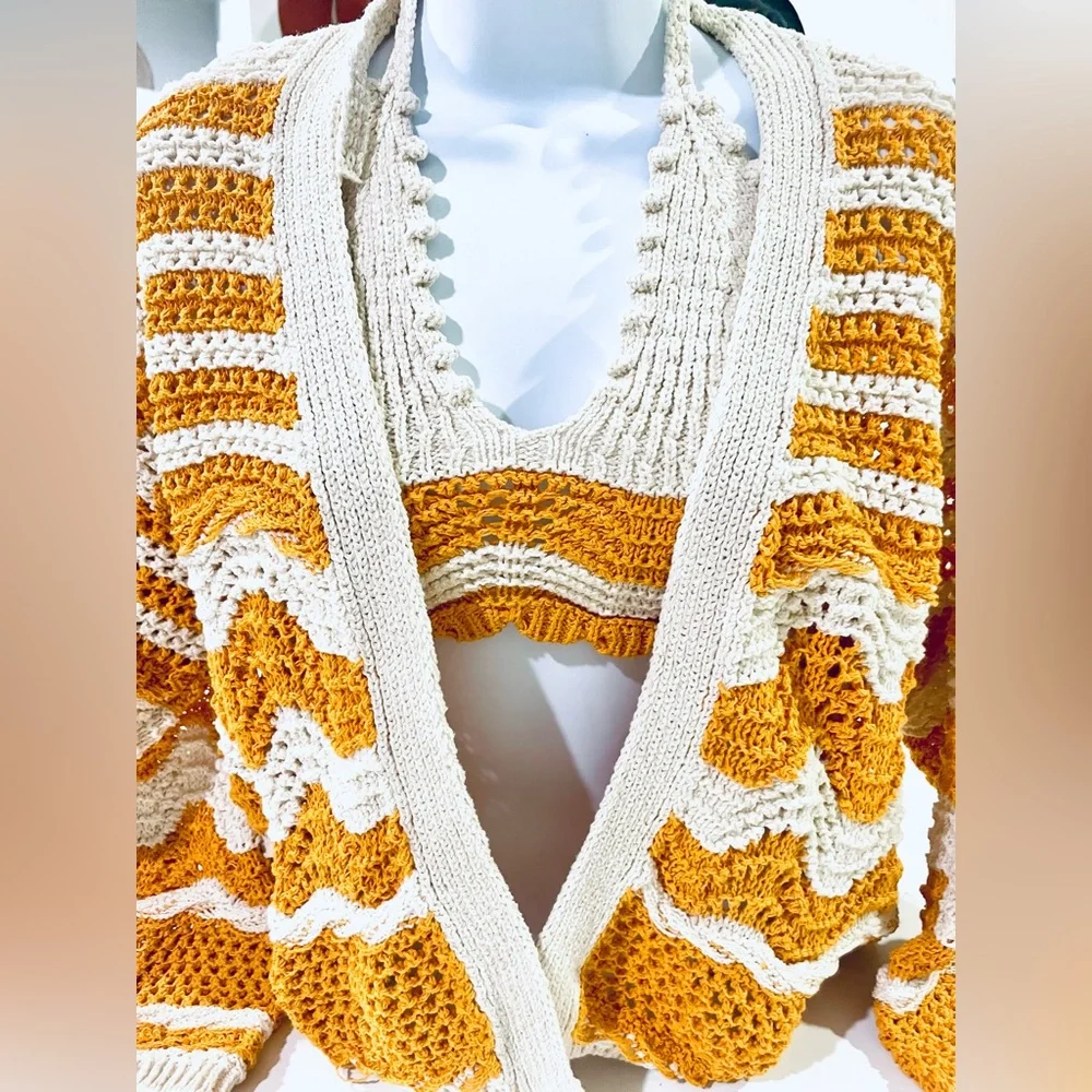 Zara open knit crochet sweater and crop top set in cream and orange size S